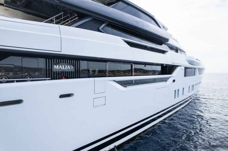 Close-up of the yacht Malia's hull