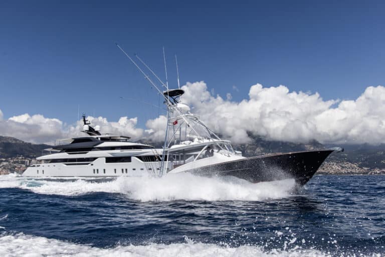 Sportfishing yacht at speed in the spray