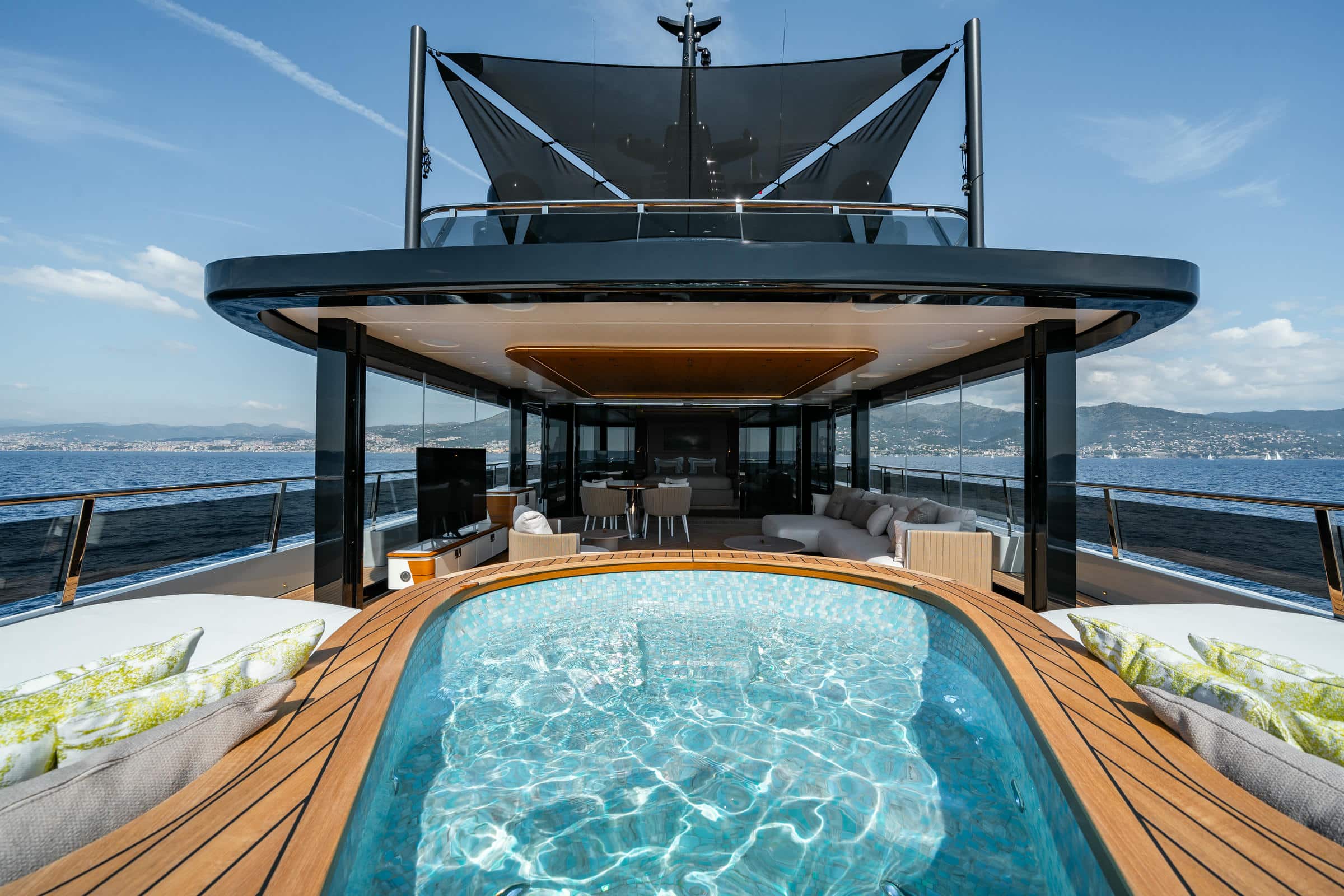 Pool on the deck of a yacht under a shade