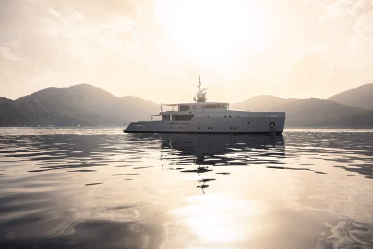 Yacht at anchor at sunrise
