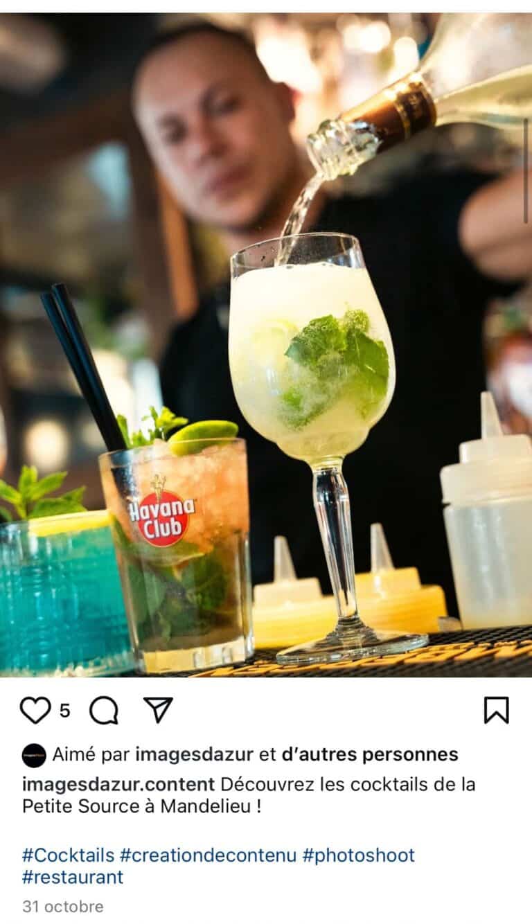 Restaurant et cocktails : contenu publié sur les réseaux