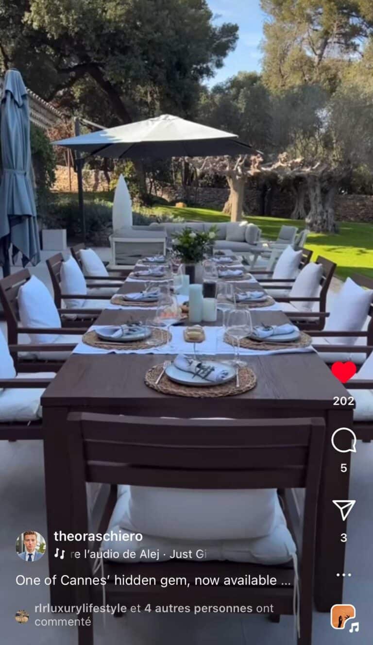 Dîner privé en villa : contenu publié sur les réseaux