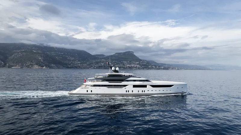 Yacht at golden hour from above — Cannes Yachting Festival